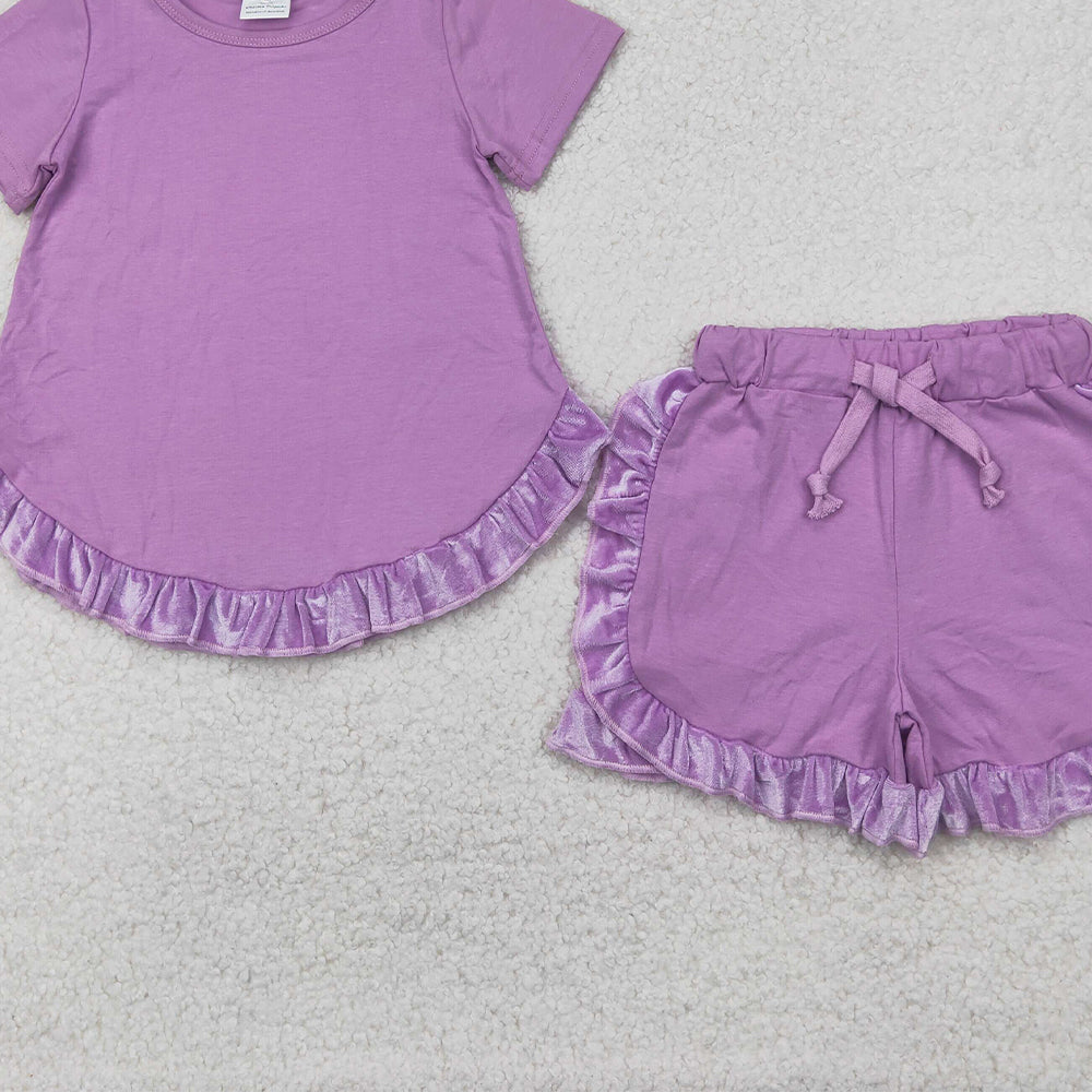 5.17 GSSO2184 RTS NO MOQ Baby Girls Summer Outfits Baby Girls Purple Short Sleeves Tunic Ruffle Short Set