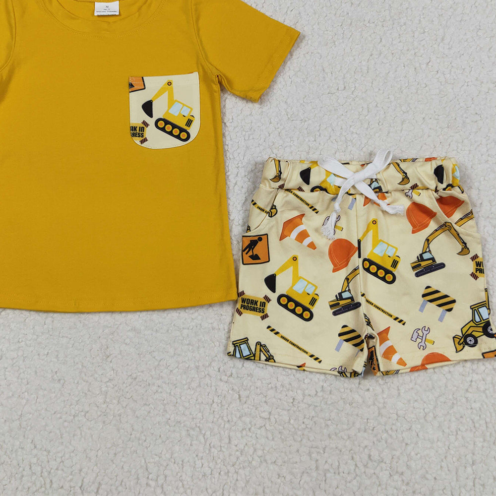 8.11 BSSO0529RTS NO MOQ Baby Boys Summer Boys Outfits Baby Boys Tractor Pocket Tee Shirts Shorts Clothes Sets