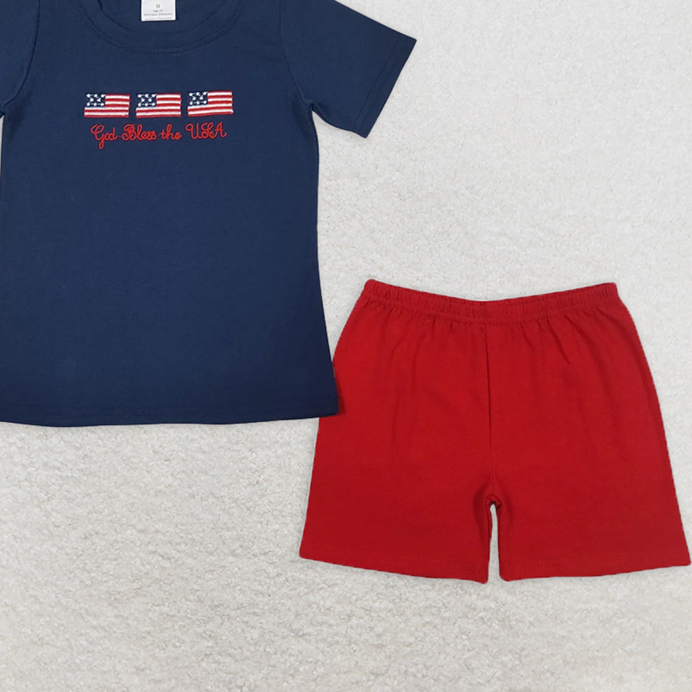 BSSO0713 RTS NO MOQ Baby Boys Summer Boys Outfits Embroidery Baby Boys 4th Of July Flags Shirt Top Red Shorts Outfits Clothes Sets
