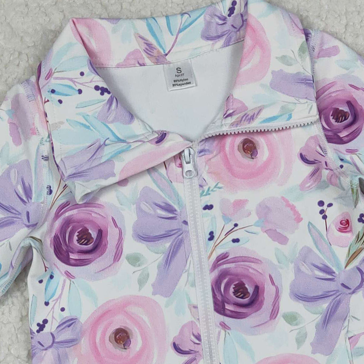 10.15 RTS NO MOQ (In stock)GT1083 Baby Girls Long Sleeve Tops Baby Girls Purple Floral Bows Zipper Pockets Yoga Active Jackets Top