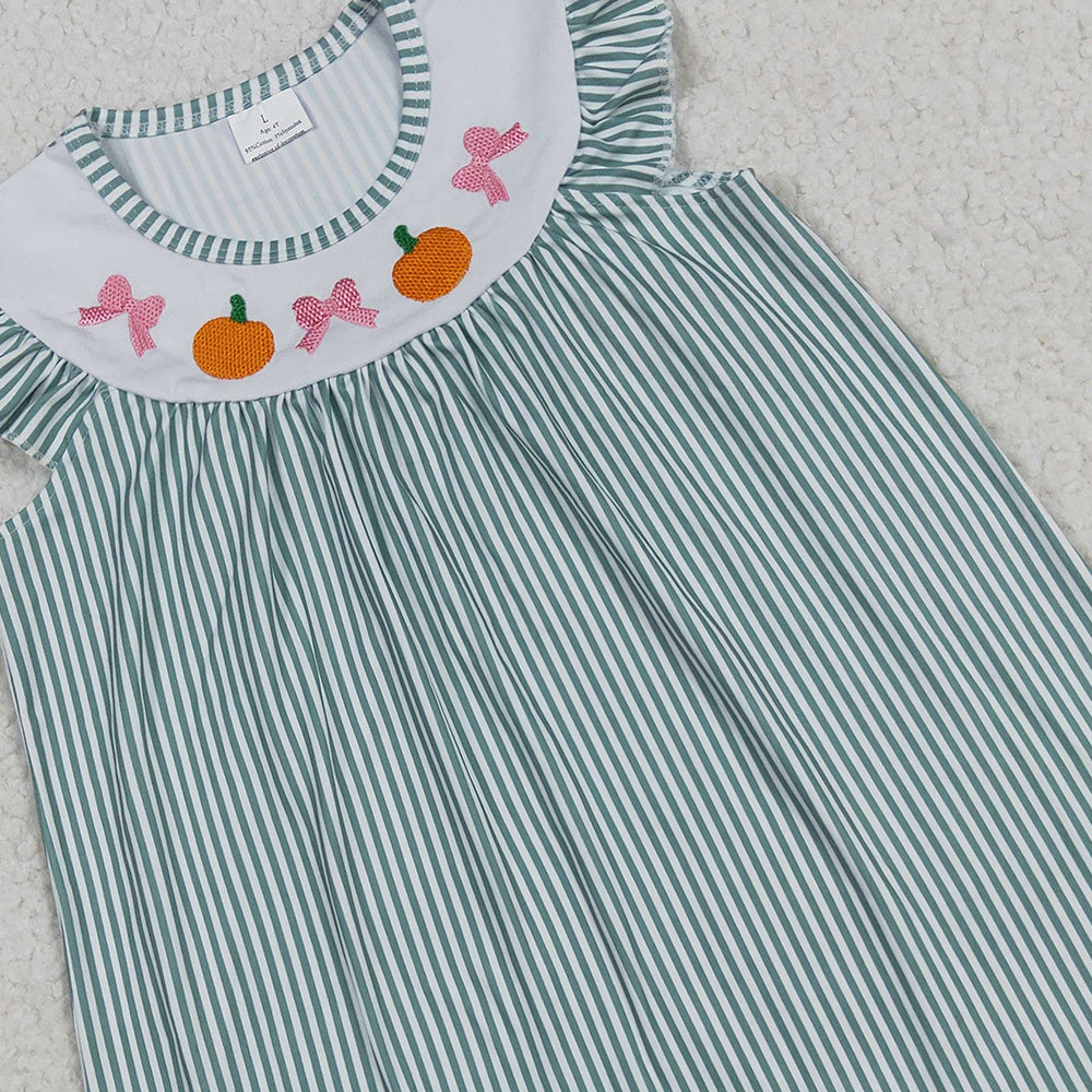 8.27 RTS NO MOQ (In stock)GSD2746 Baby Girls Summer Dress Embroidery Baby Girls Green Stripe Bows Pumpkins Fall Knee Length Dresses