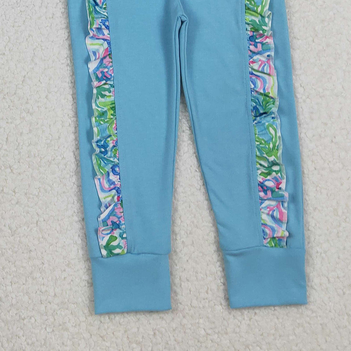12.4 RTS NO MOQ (In stock)GLP2832 Baby Girls Blue Watercolor Floral Top Pockets Ruffle Jogger Pants Clothes Sets