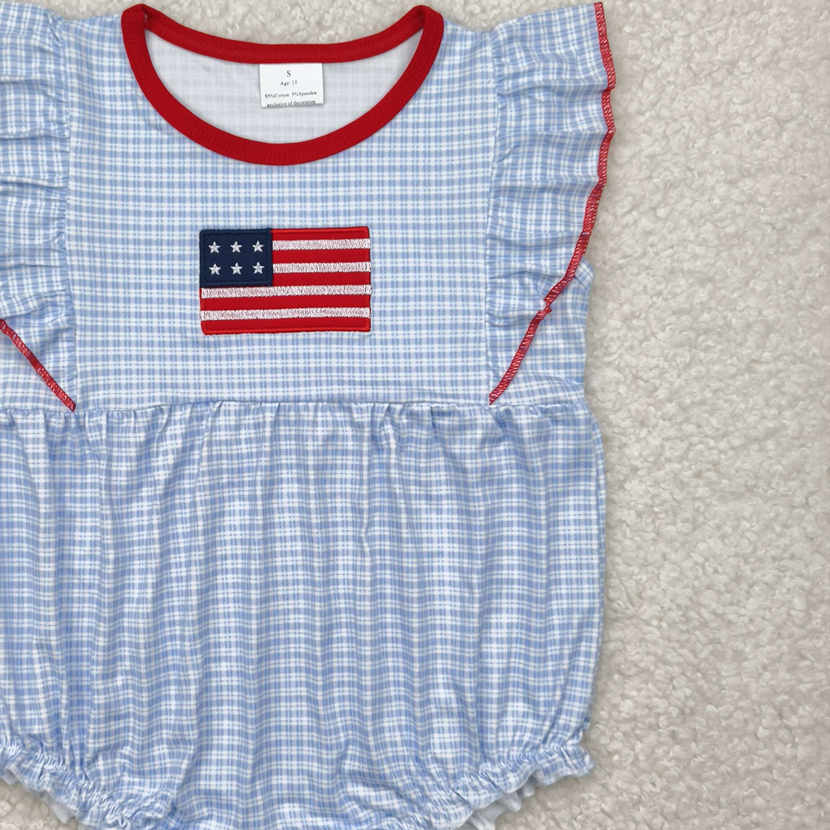 4.24 SR2817 RTS NO MOQ Baby Girls Summer Rompers Flutter sleeves plaid flag baby girls 4th of july romper