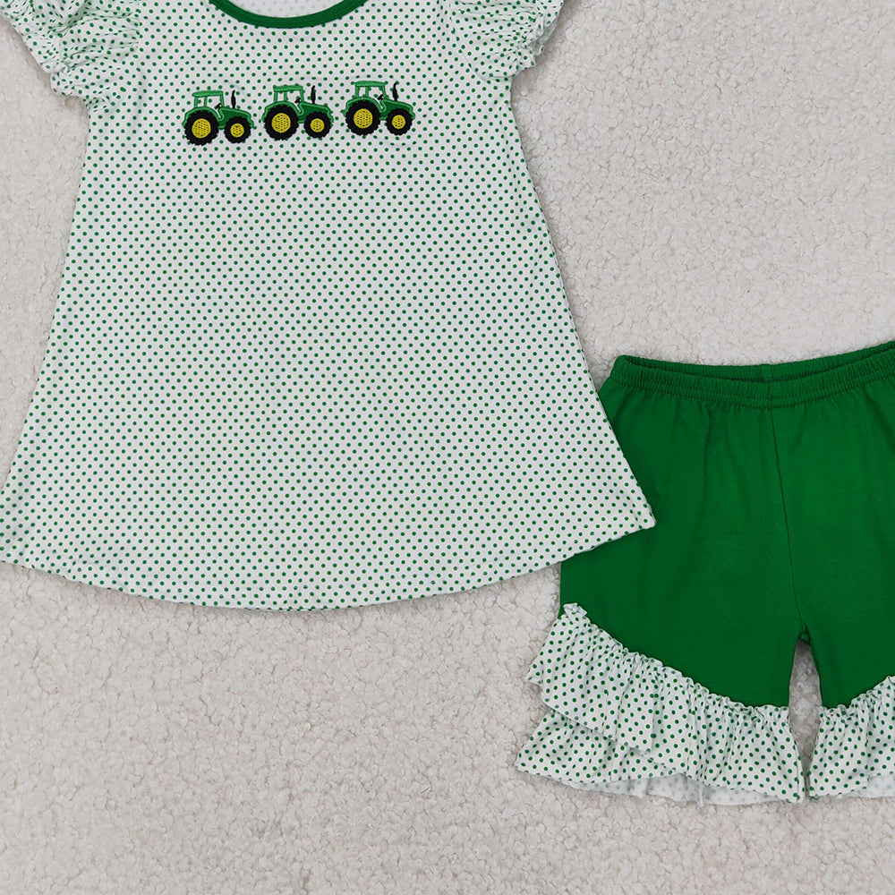 6.11 GSSO2268 RTS NO MOQ Baby Girls Summer Outfits Baby Girls Short Ruffle Sleeves Trucks Polka Dots Tunic Green Ruffle Short Set