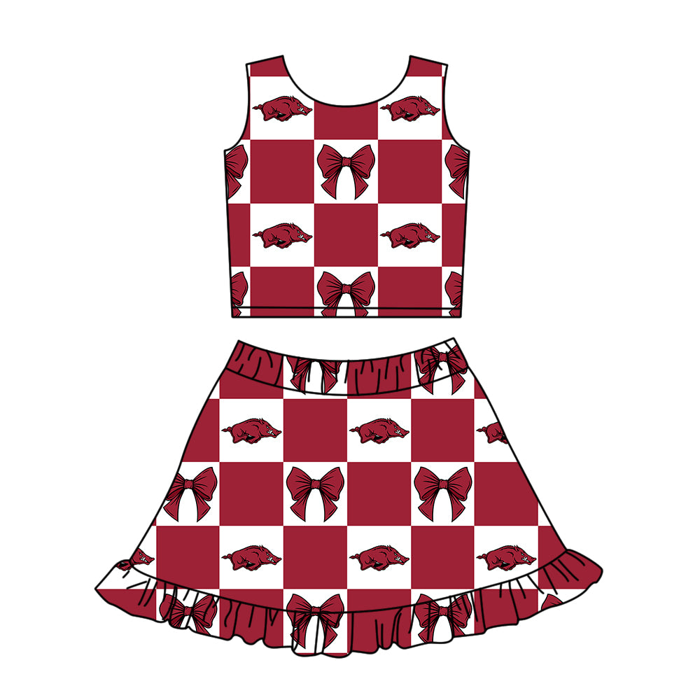 CUSTOM MOQ 5 Kids Clothing for Girls Baby Girls Red Bow Top Skirts Yoga Active Team Clothes Sets