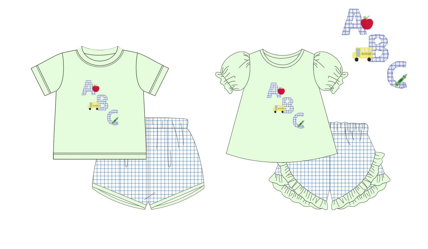Kids ABC Apple Car Pattern Short Sleeve Top And Plaid Shorts Set - Casual Clothing Outfit for Children