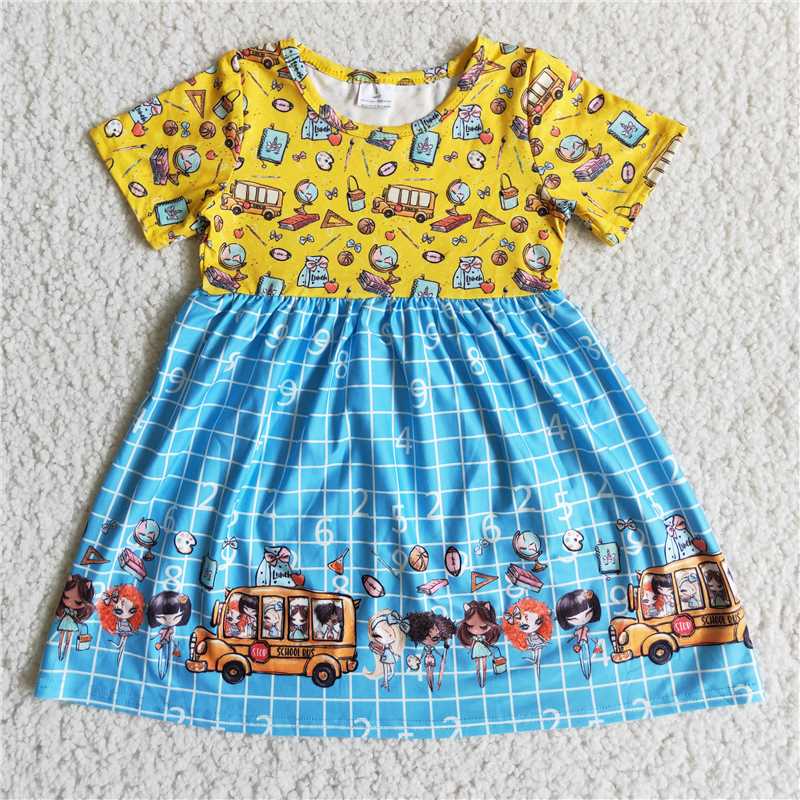 D3-19 Girls Back to School Bus Short Sleeve Dress
