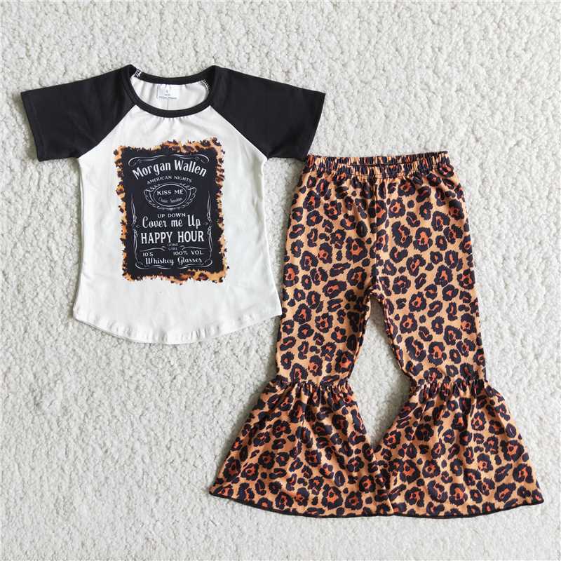 E2-20 Baby Girls Black Short Sleeve Singer Shirt Leopard Bell Pants Clothes Sets