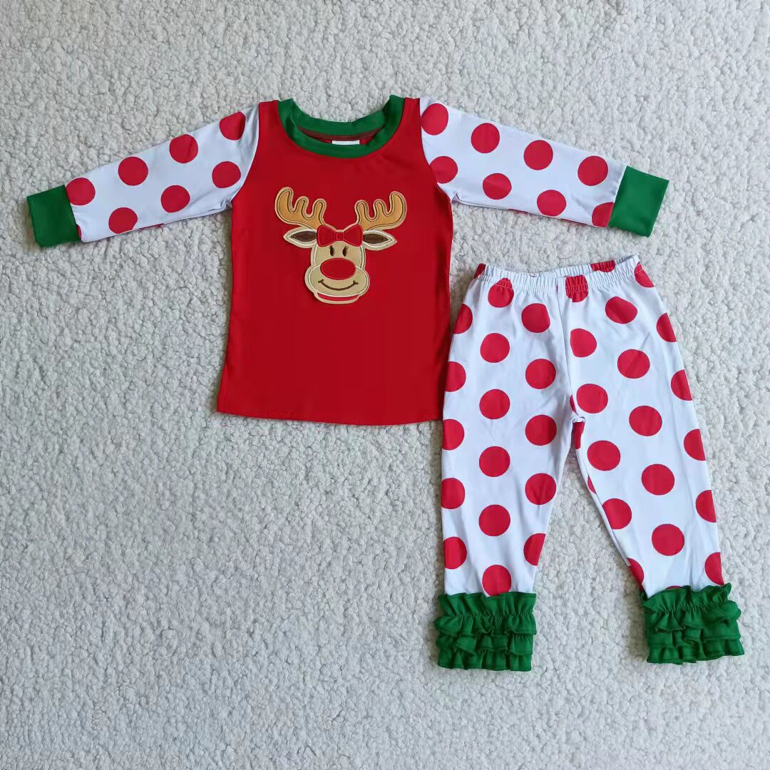 6 B4-18Reindeer embroidery polka dots cotton Christmas pajamas