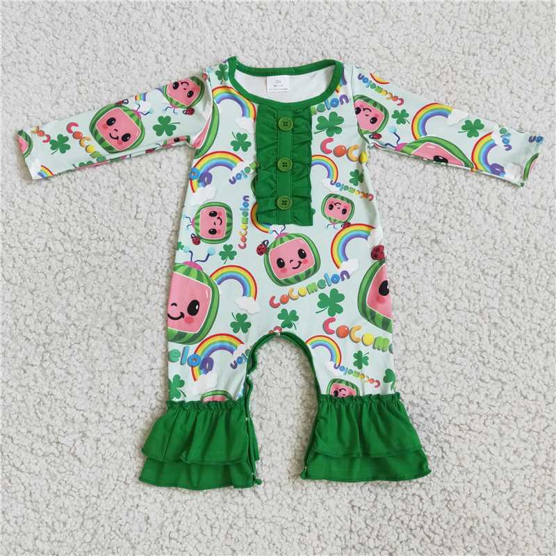 6 A9-4 Girl cartoon green four leaf clover long sleeve romper