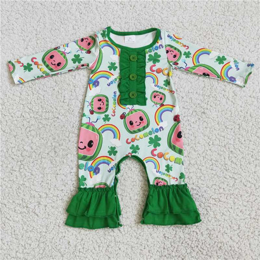 6 A9-4 Girl cartoon green four leaf clover long sleeve romper