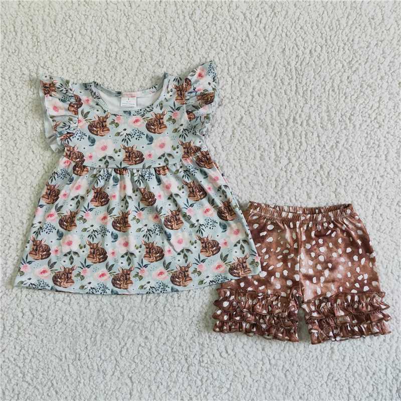 GSSO0054Flutter sleeve deer print children girls clothing