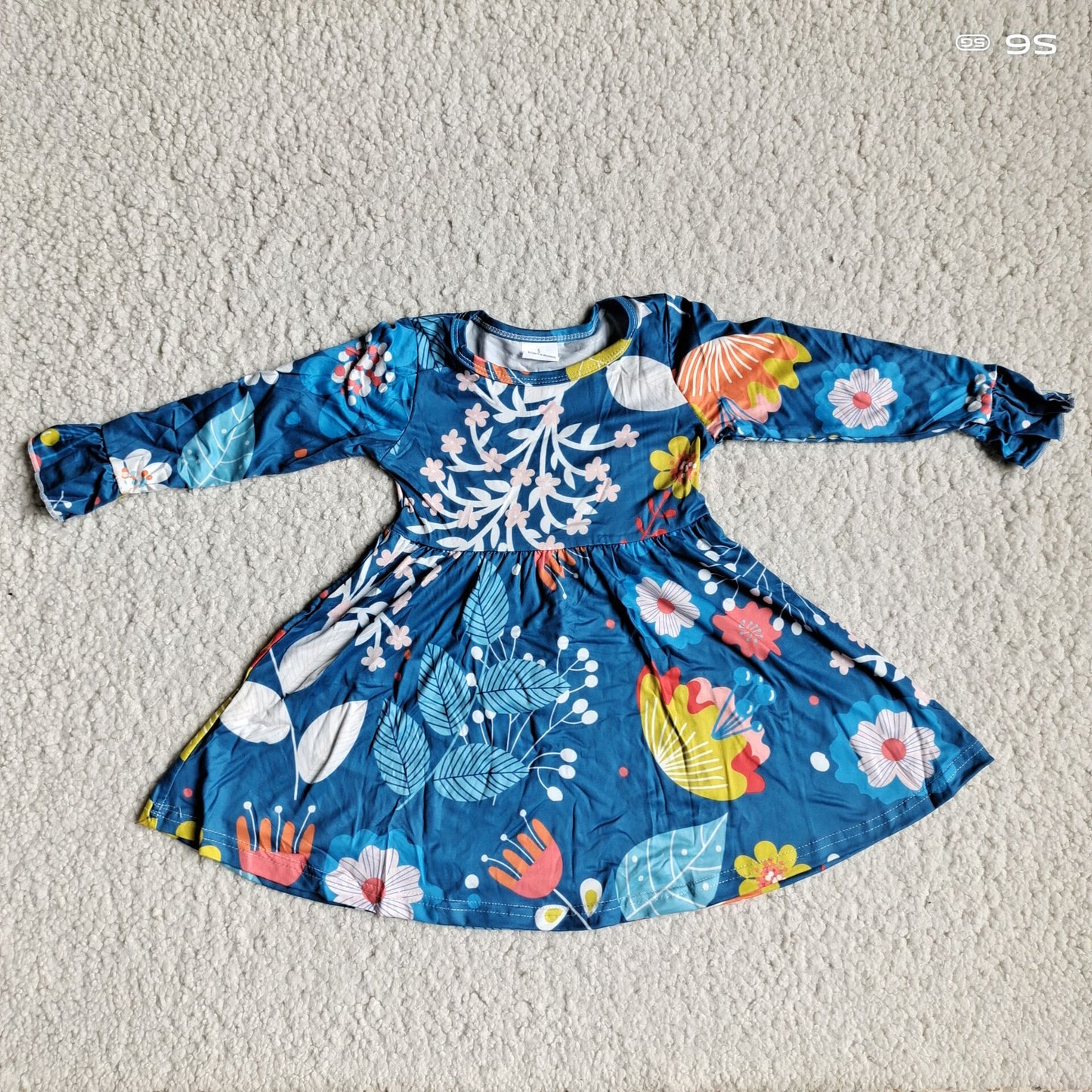 10.4 RTS NO MOQ(In stock)G3-8-8., Baby Girls Winter Dress Navy blue long-sleeved dress with buds and leaves