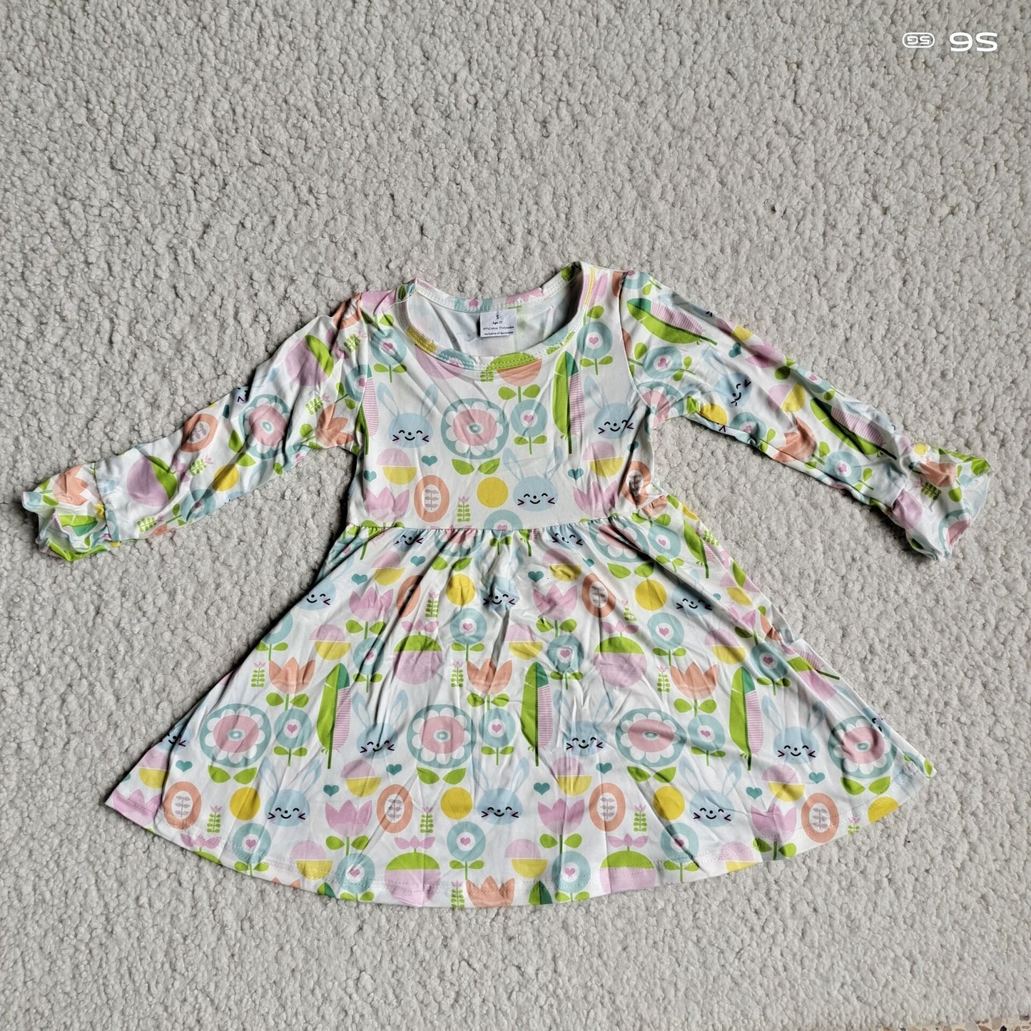 10.4 RTS NO MOQ(In stock)G3-8-9.'* Baby Girls Winter Dress Blue, green, purple and yellow floral long-sleeved dress