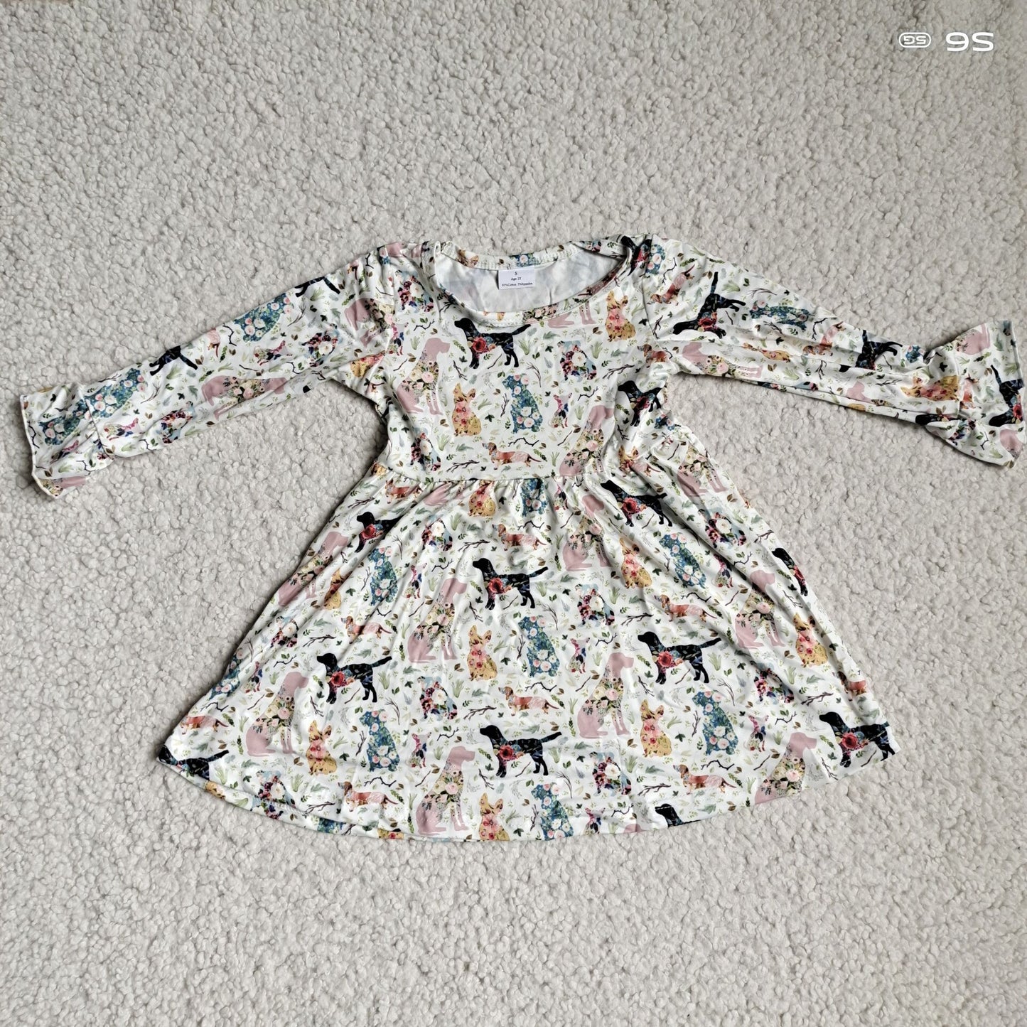 10.2 RTS NO MOQ(In stock)G4-12-4; Baby Girls Winter Dress Beige long-sleeved dress with colorful animal prints