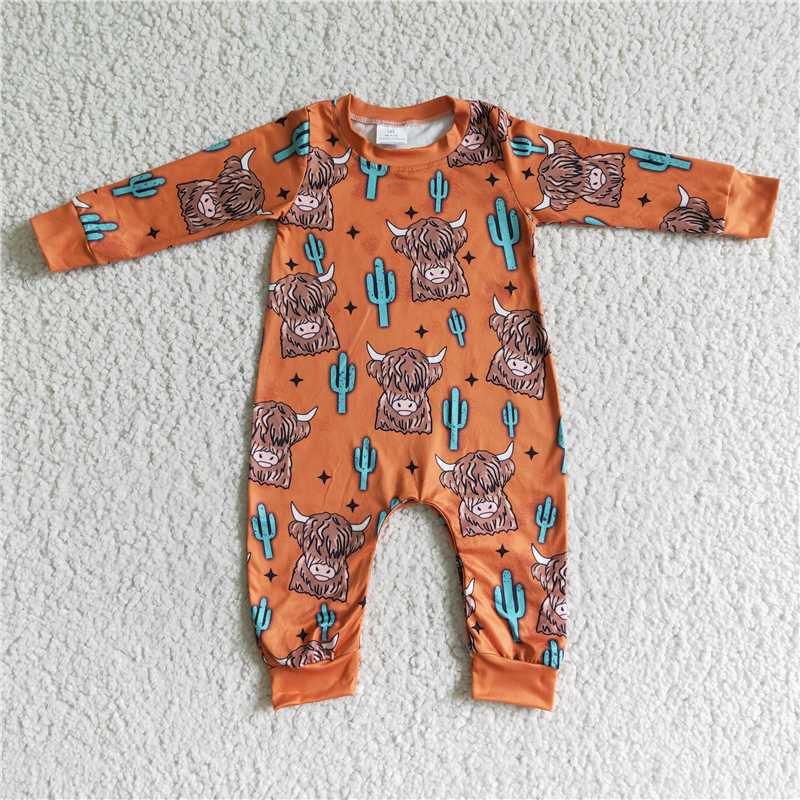 LR0060Highland cow cactus long sleeve brown kids boy romper