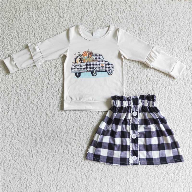 GLD0070Farm fresh pumpkin plaid skirt set girls fall clothes