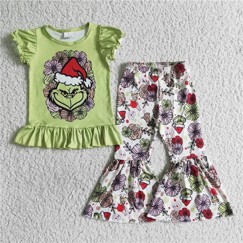 11.14 RTS NO MOQ (In stock)GSPO0179 baby girls Christmas cartoon green bell pants sets