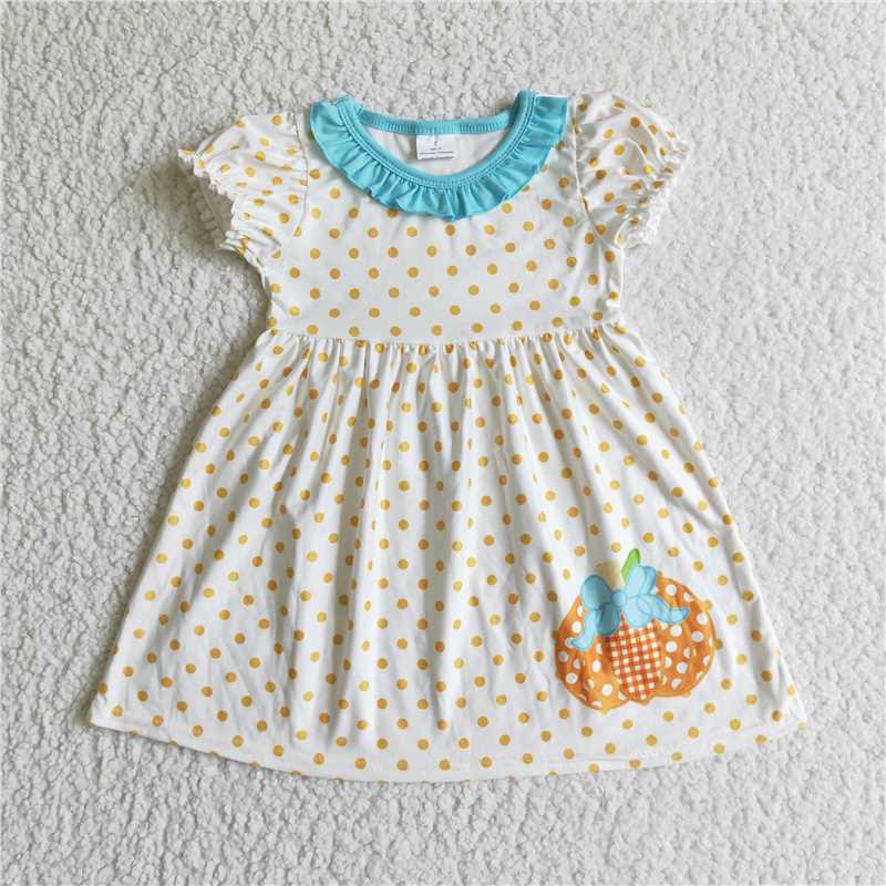 GSD0116 Short sleeve polka dots pumpkin kids girls fall dresses