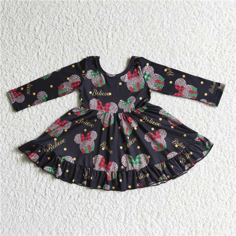 GLD0001Believe leopard mouse kids girls Christmas dress