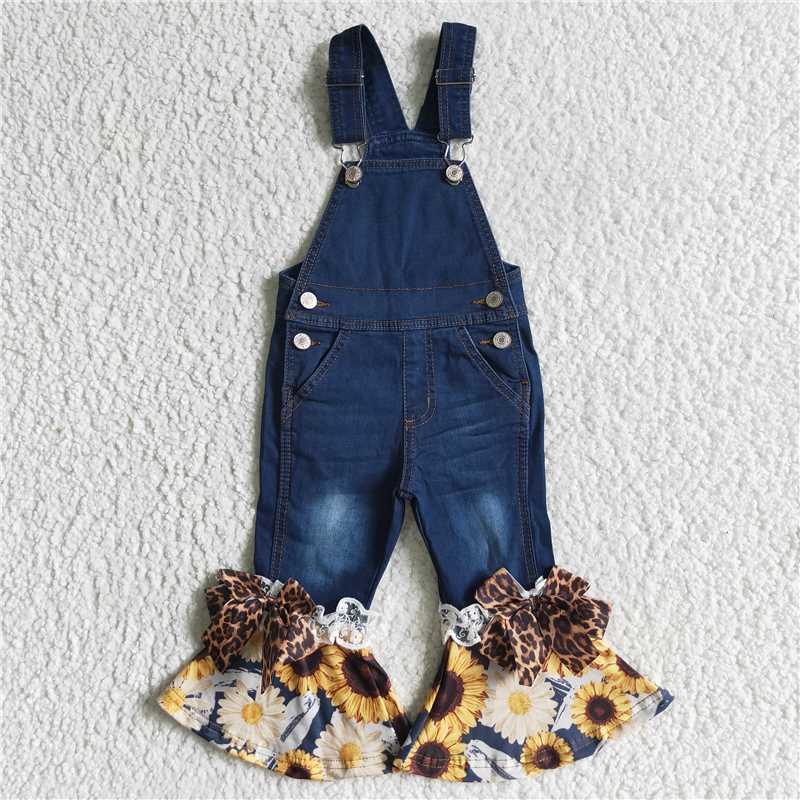 P0028 Baby Girls fall sunflower ruffle denim overall