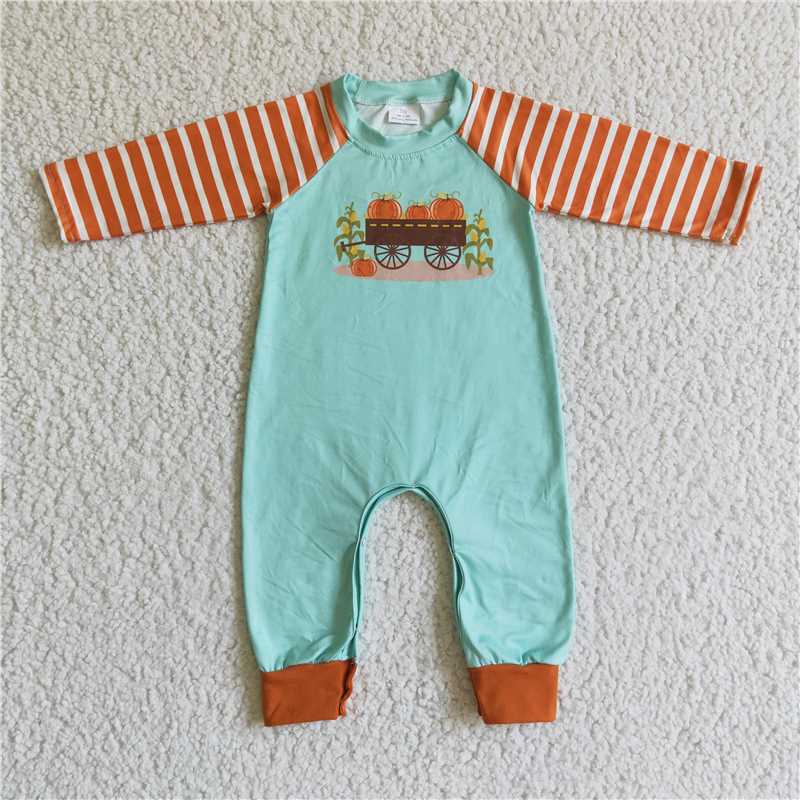 LR0046Pumpkin corn print stripe long sleeve baby boy fall romper