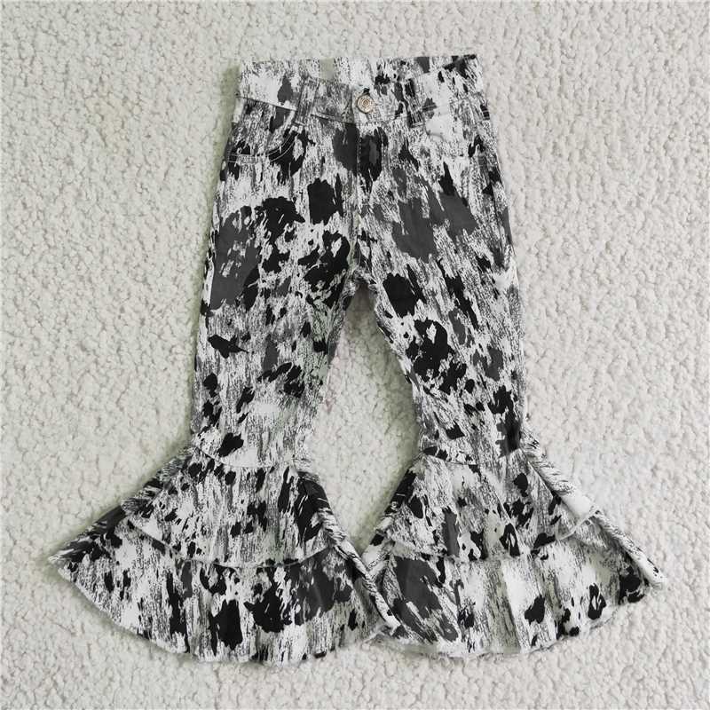 P0023 Baby Girls black cow dots western denim pants jeans