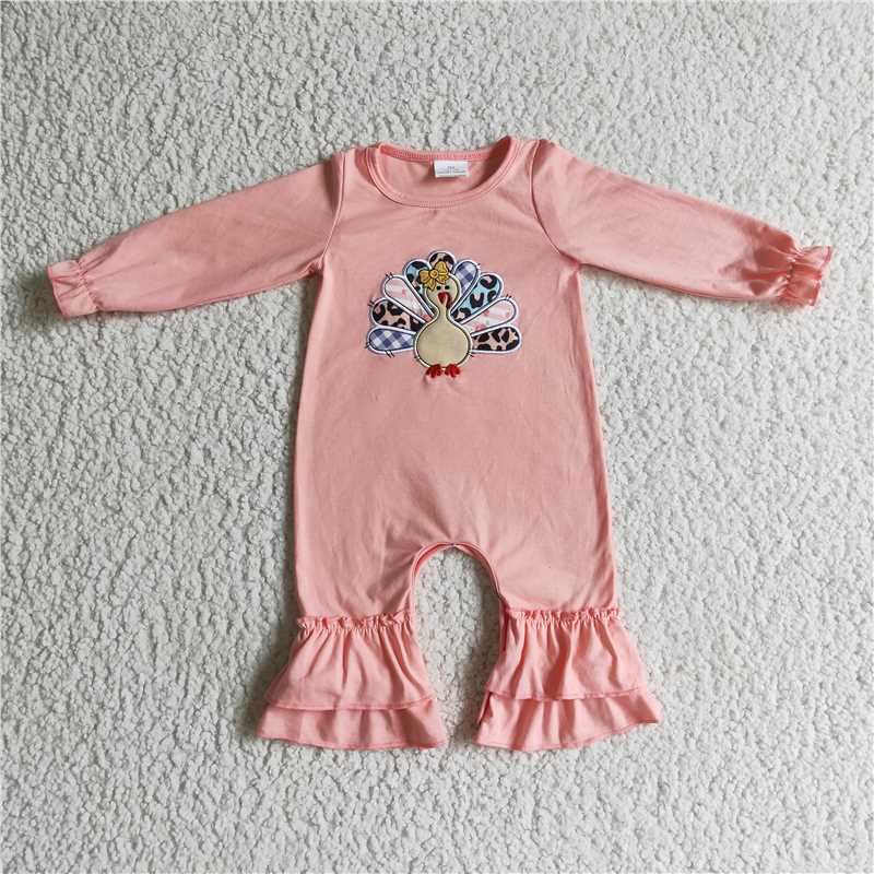 LR0146Turkey embroidery pink baby girls Thanksgiving romper