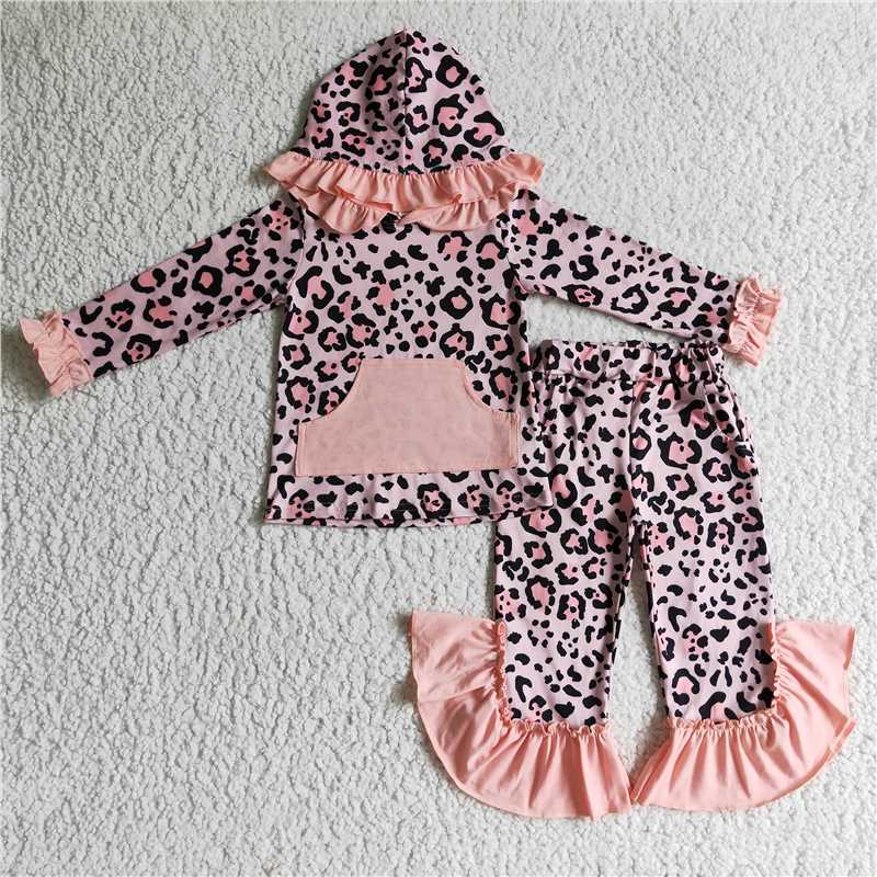 GLP0254 baby girls pink leopard hood top ruffle pants sets