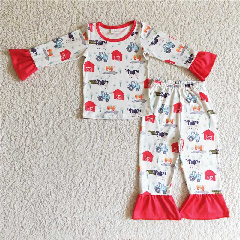 GLP0280Cow farm print long sleeves girls pajamas