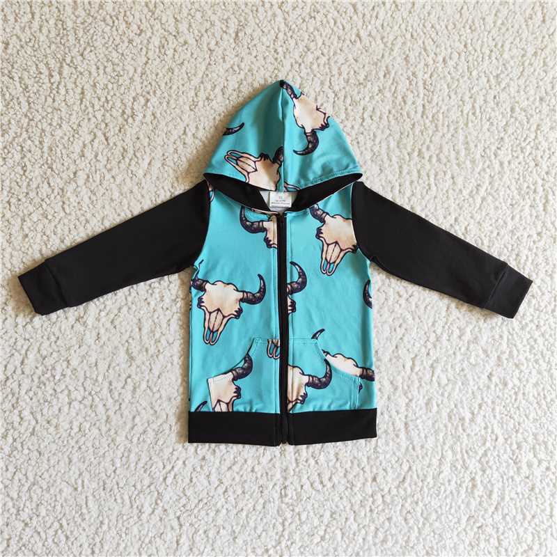 BT0083 Boys blue bull head hooded zip-up long-sleeved top