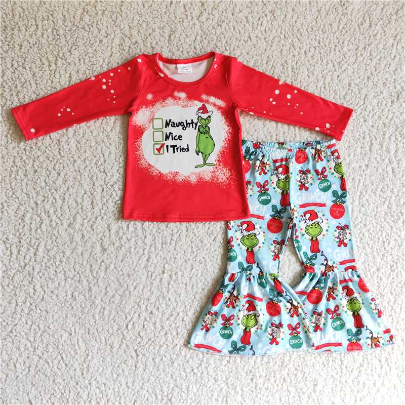 11.29 RTS NO MOQ (In stock)Matching Christmas GLP0294 Baby girls Christmas naughty green bell pants sets