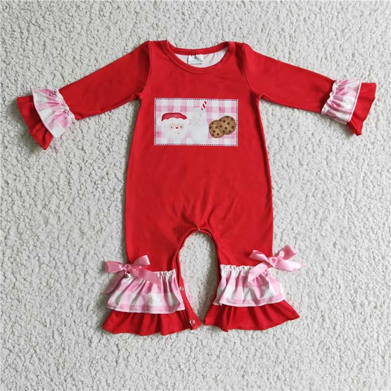 LR0188Pink plaid santa milk biscuit baby girls Christmas romper