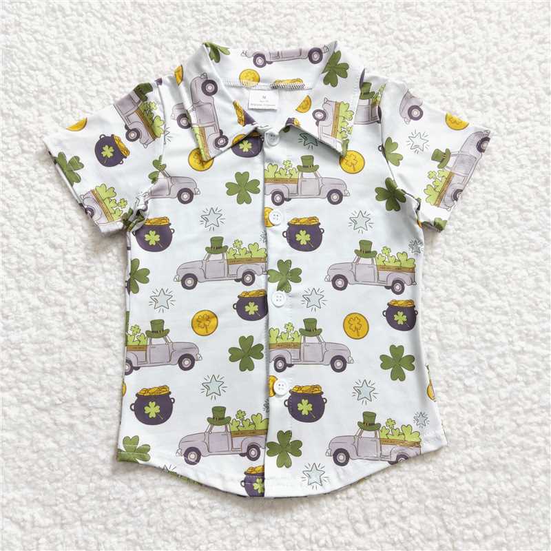 BT0543 Baby Boys Green Checkered Quatrefoil St Patrick Days Buttons Tee Shirts