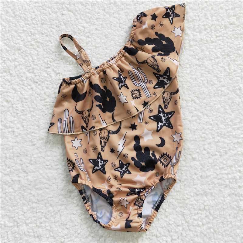 Baby Girls One-Piece Swimsuit Shoulder Cow Print Lining Casual Swimwear for Kids