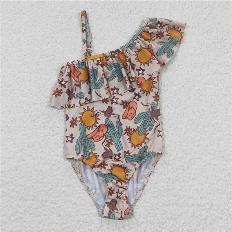 Baby Girls One-Piece Swimsuit Shoulder Cow Print Lining Casual Swimwear for Kids