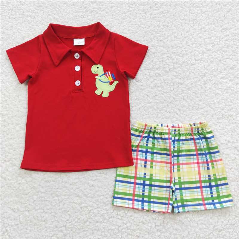 BSSO0255 Embroidery Baby Boys Back To School Dinosaur Shorts Sets
