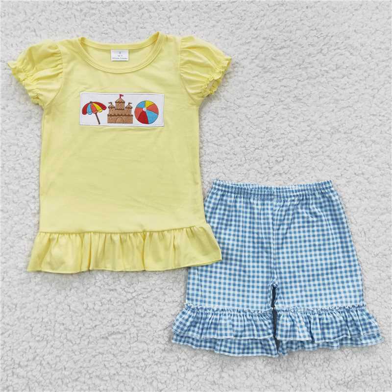 GSSO0276Castle ball shirt plaid shorts kids girls summer beach clothes