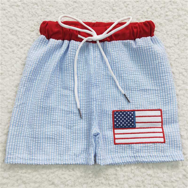 Seersucker S0135 Embroidery Boys blue swimming trunks with embroidered National Day flag