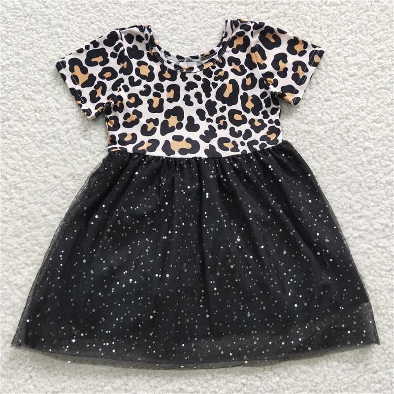 GSD0329 Leopard print short sleeve black sequined mesh dress