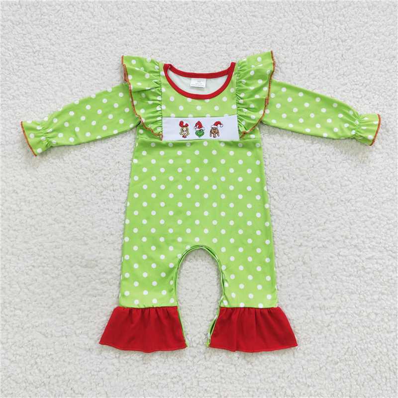 LR0387Green face polka dots long sleeves baby girls Christmas romper
