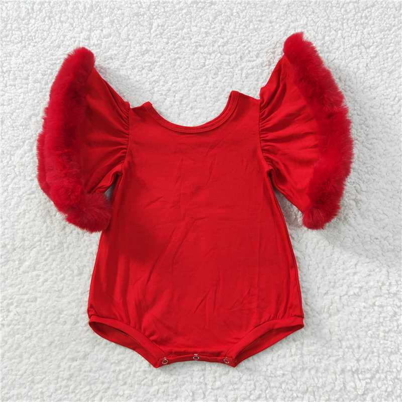 SR0412 Baby Girls Red Fur Sleeve Rompers