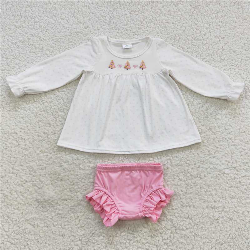 GBO0165 Baby Girls Christmas Tree Pink Bummie Sets