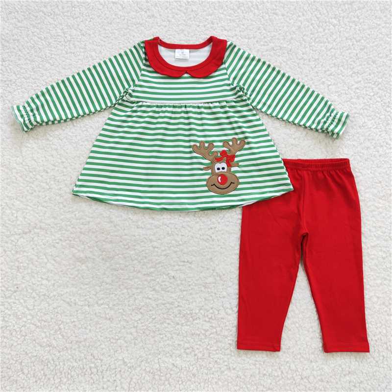 GLP0451 Embroidered elk green striped Christmas long sleeve red trousers suit