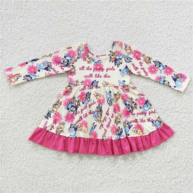 GLD0214 Baby Girls Dogs Flowers Ruffle Knee Length Dresses