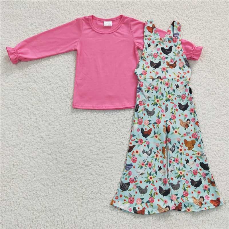 6 B4-5Pink cotton shirt chicken overalls girls outfits