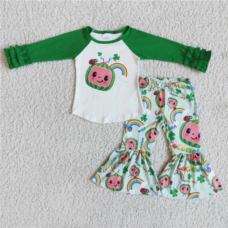 6 A12-5 Girl Cartoon Green Four Leaf Clover Long Sleeve Pants Suit