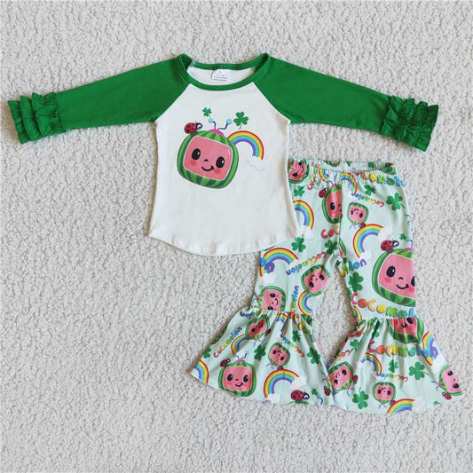 6 A12-5 Girl Cartoon Green Four Leaf Clover Long Sleeve Pants Suit