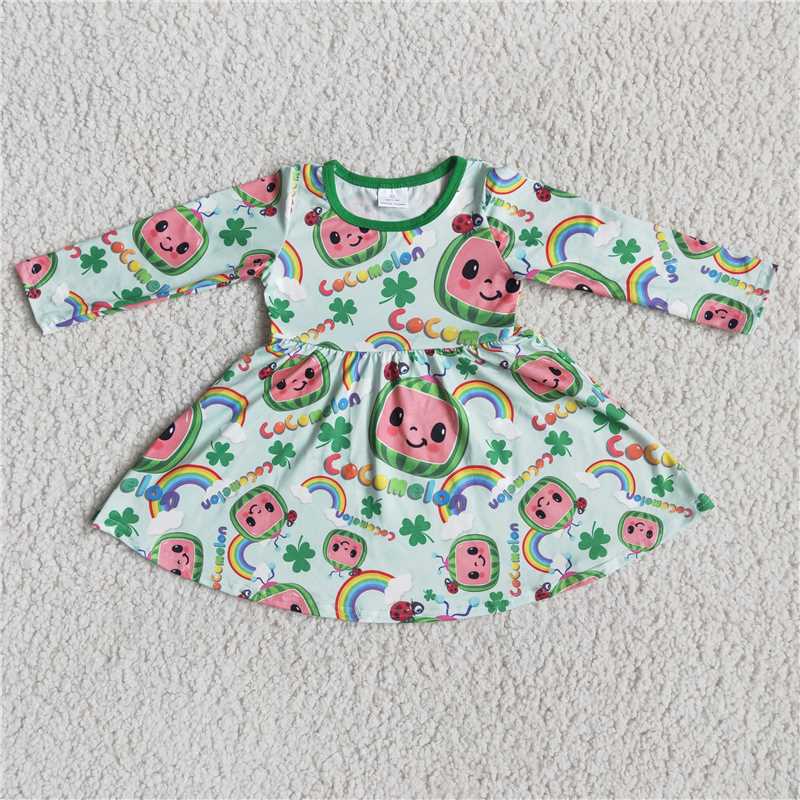 6 A11-26 Cute print long sleeve baby girls st patrick's day twirl dresses