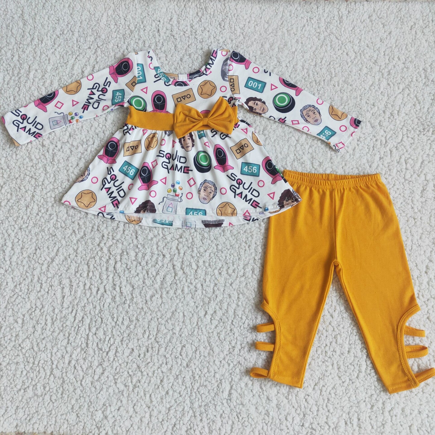 6 A13-17Yellow bow tunic criss cross leggings toddler girls clothing